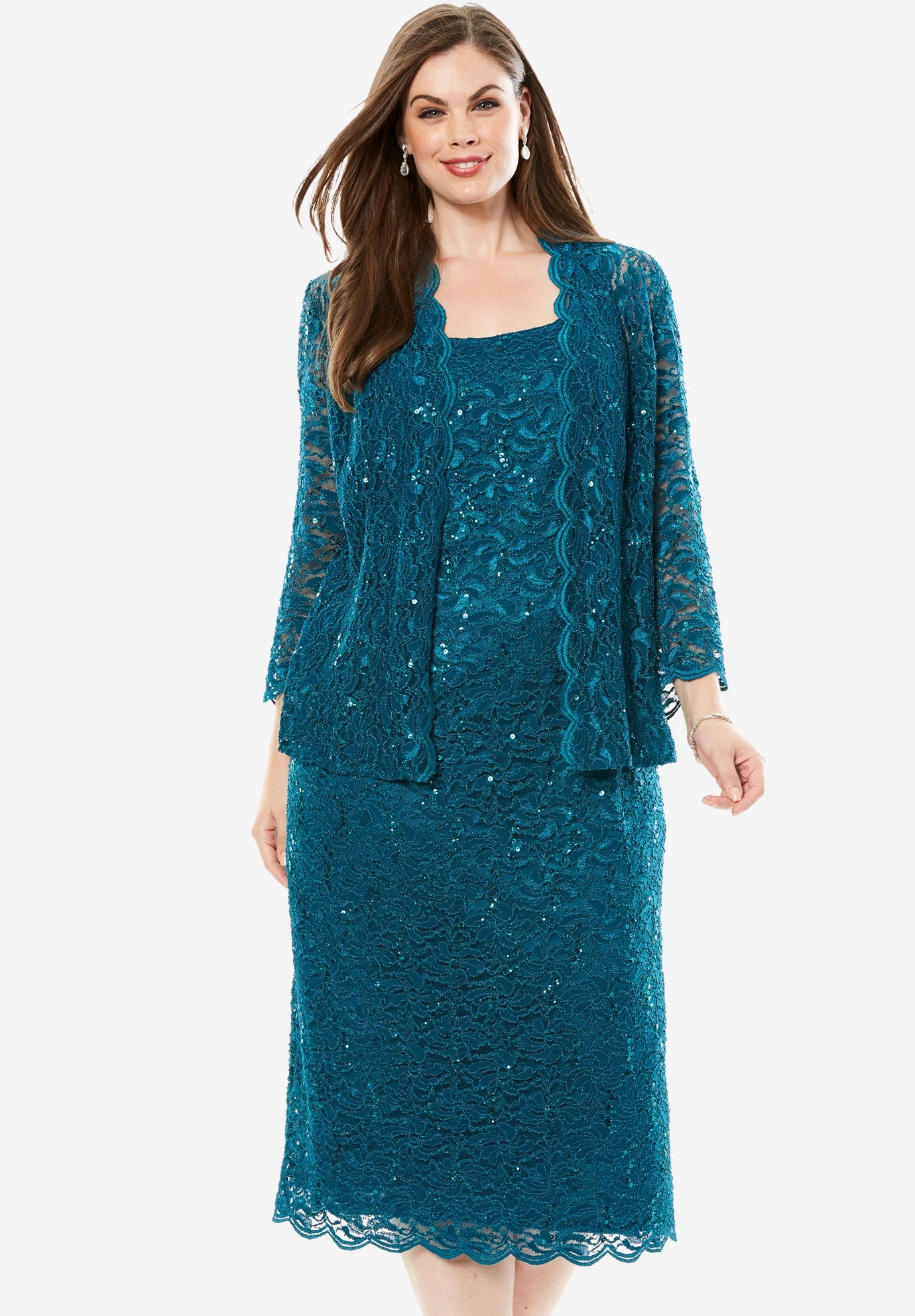 Fashionable Two Piece Lace Jacket Dress By Alex Evenings Deep Teal 