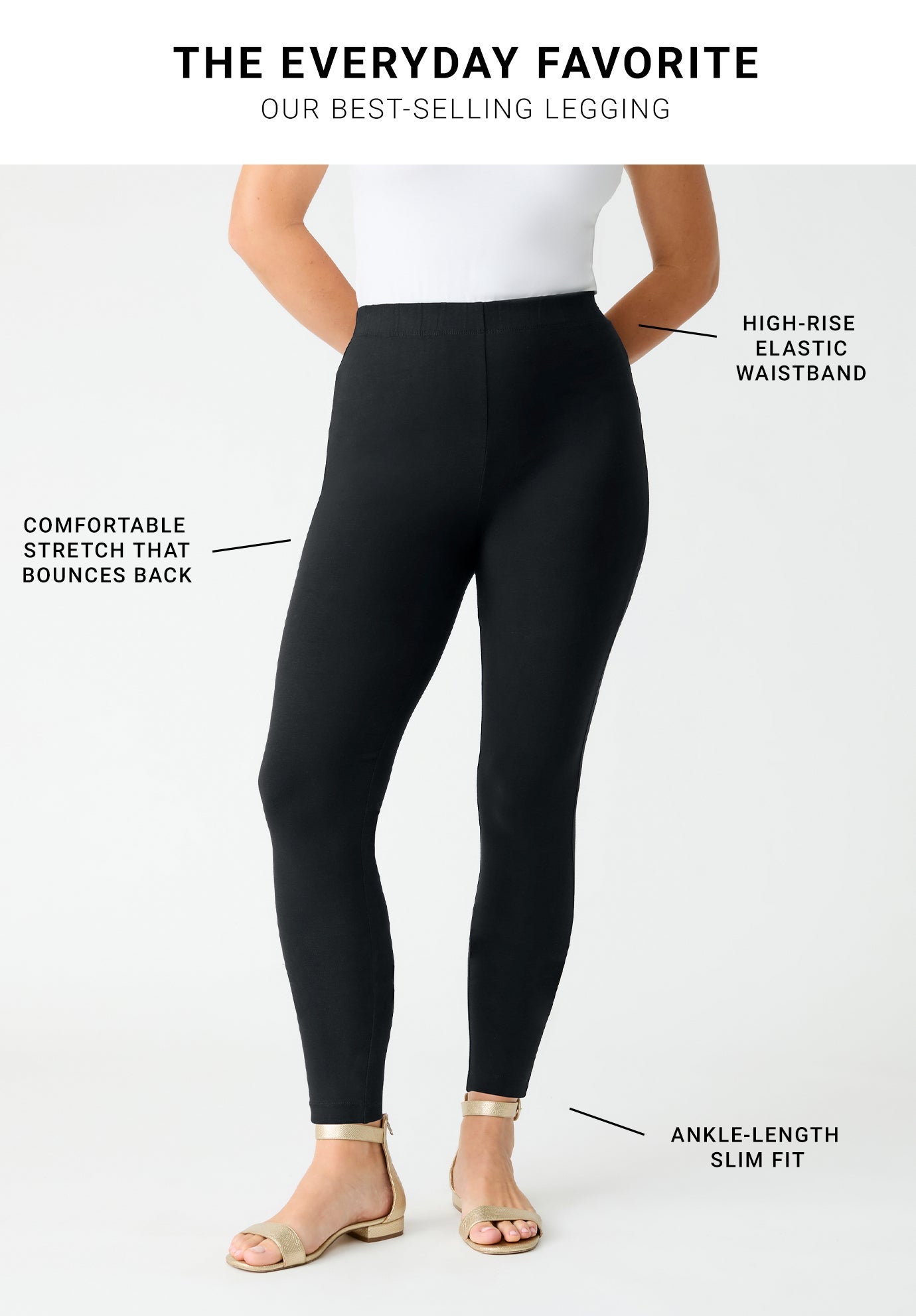 Fashionable Ankle-Length Essential Stretch Legging, Black | Roaman's