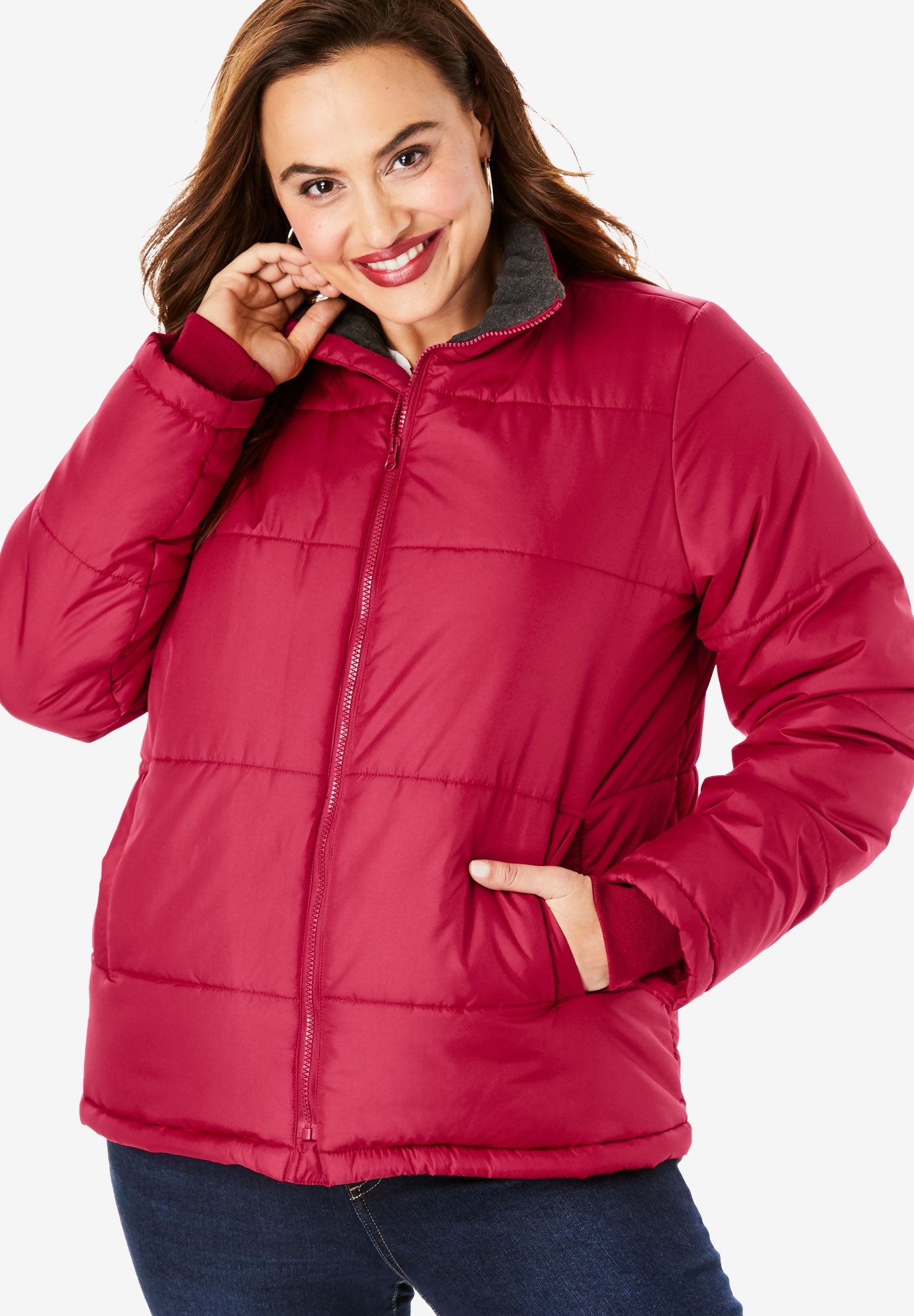 red short puffer jacket