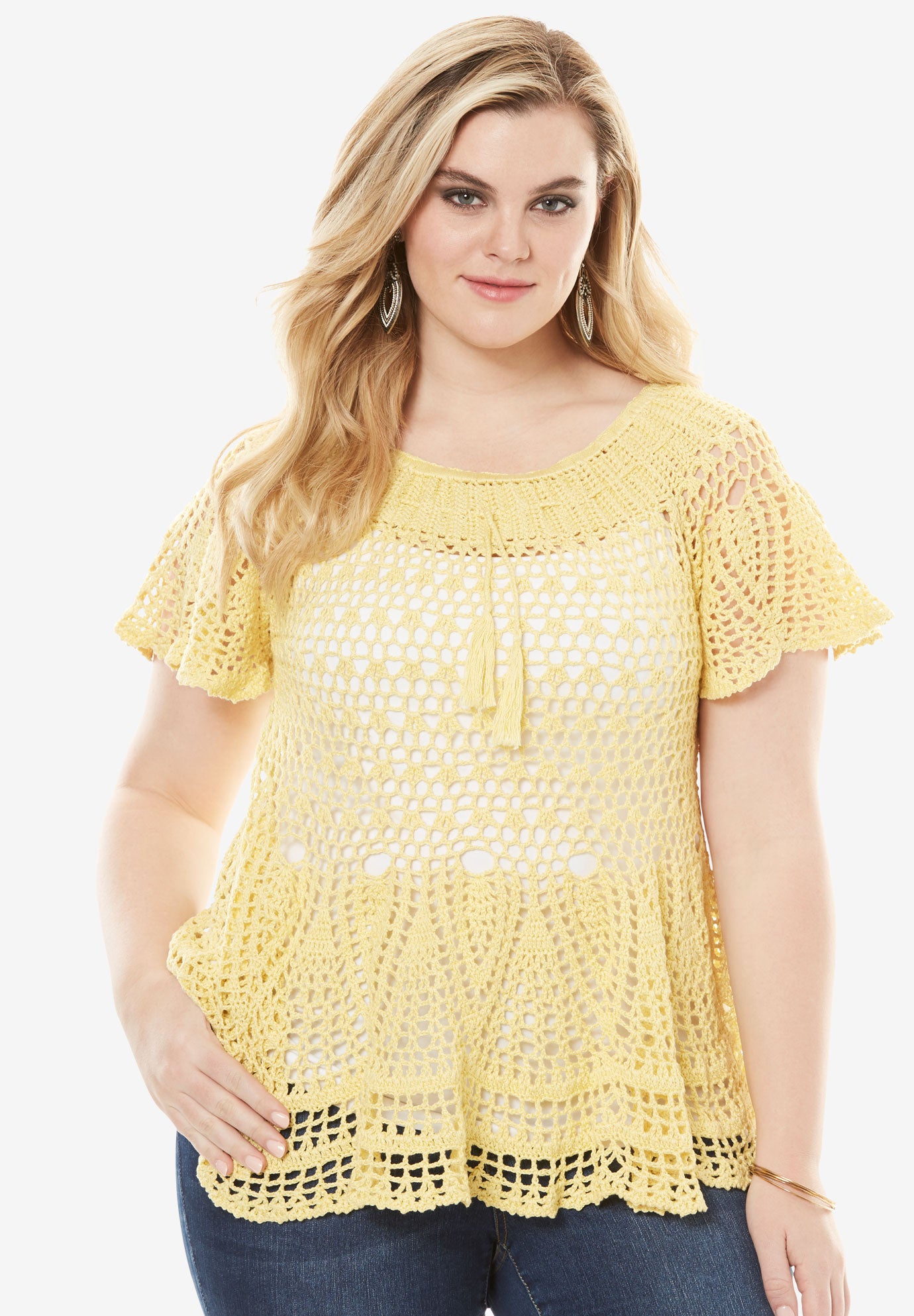 Flutter Sleeve Crochet Sweater Plus Size Tops Roaman's
