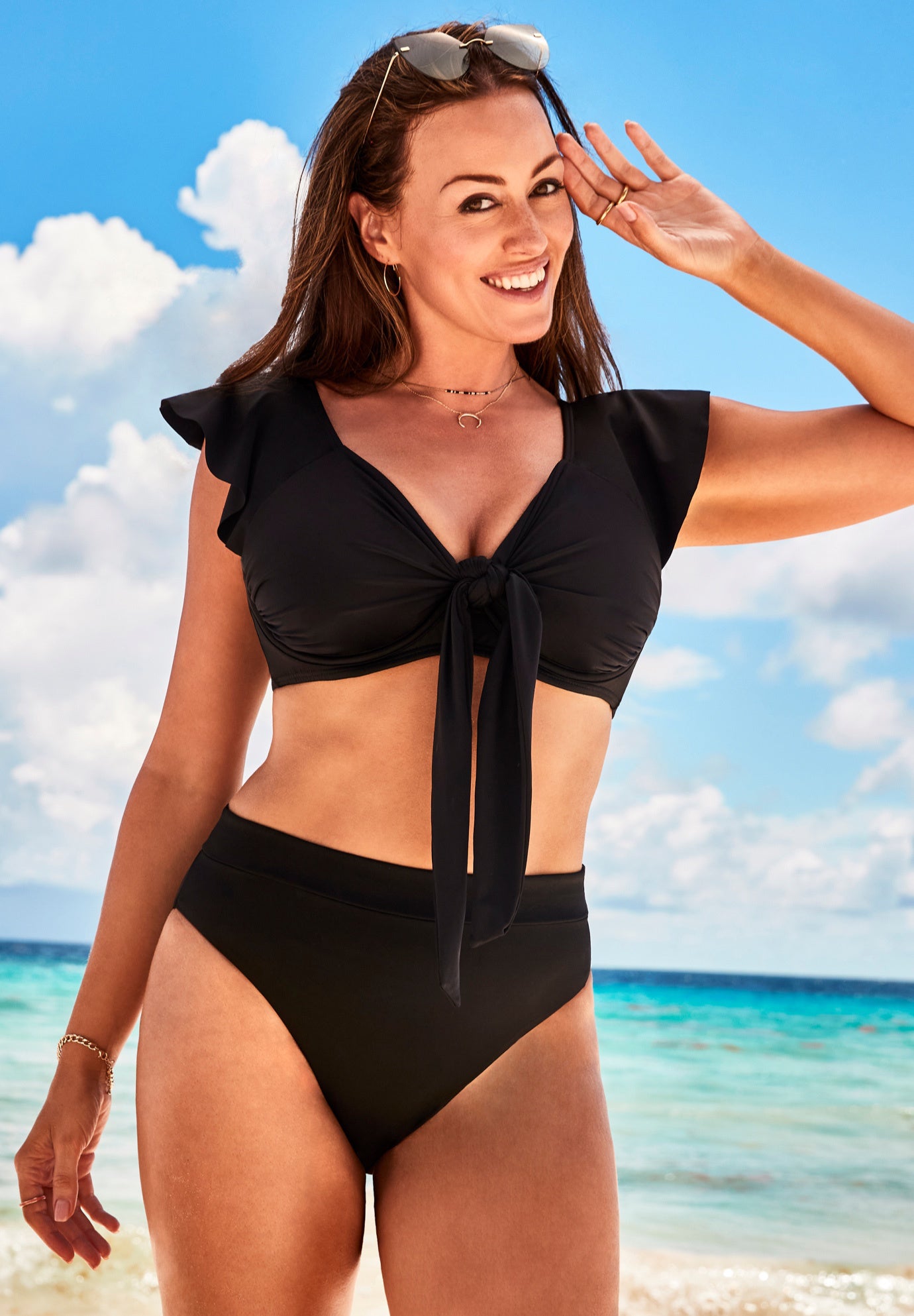 Tie Front Cup Sized Cap Sleeve Underwire High Waist Bikini Set, 