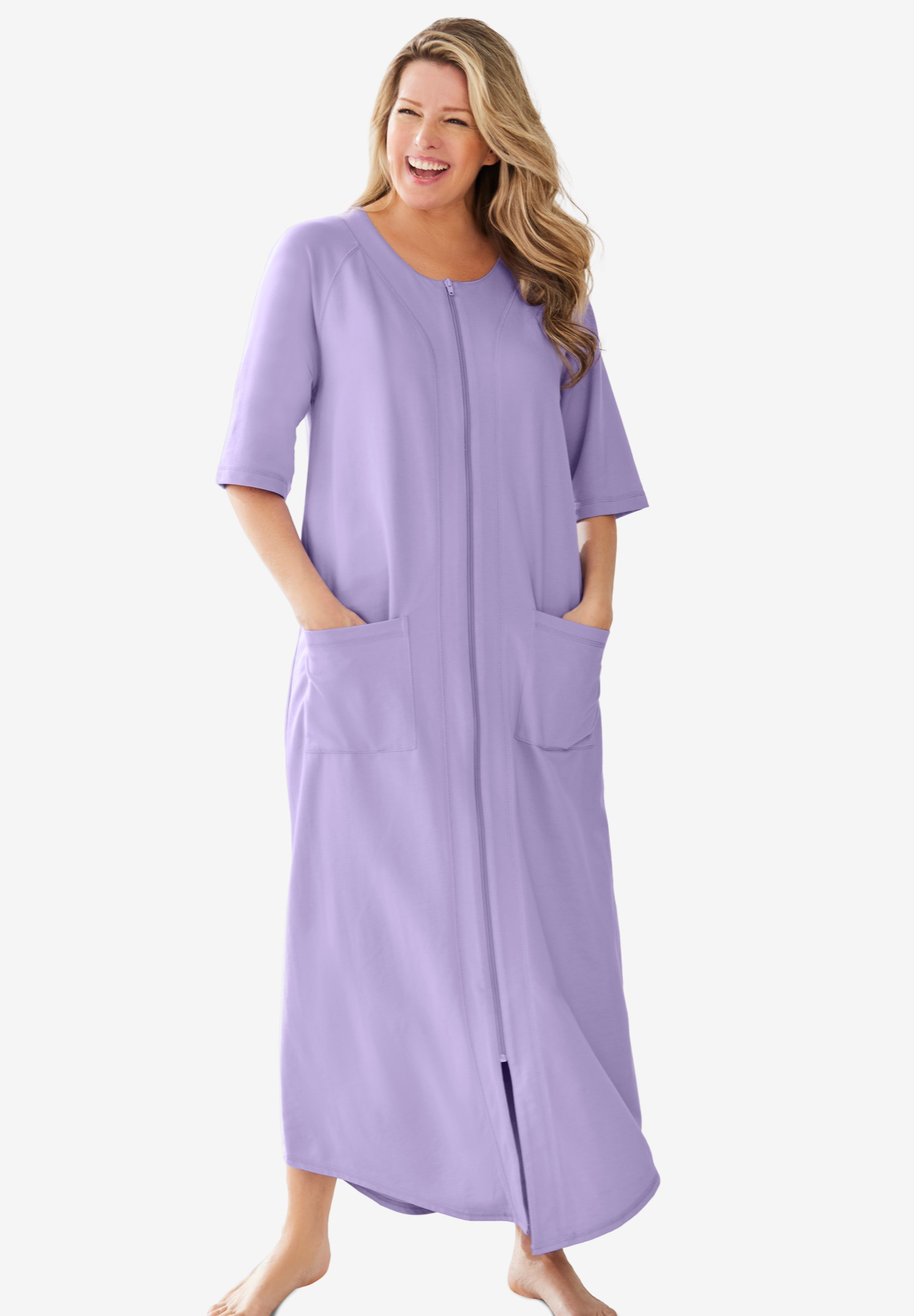 Long French Terry Zip-Front Robe, 