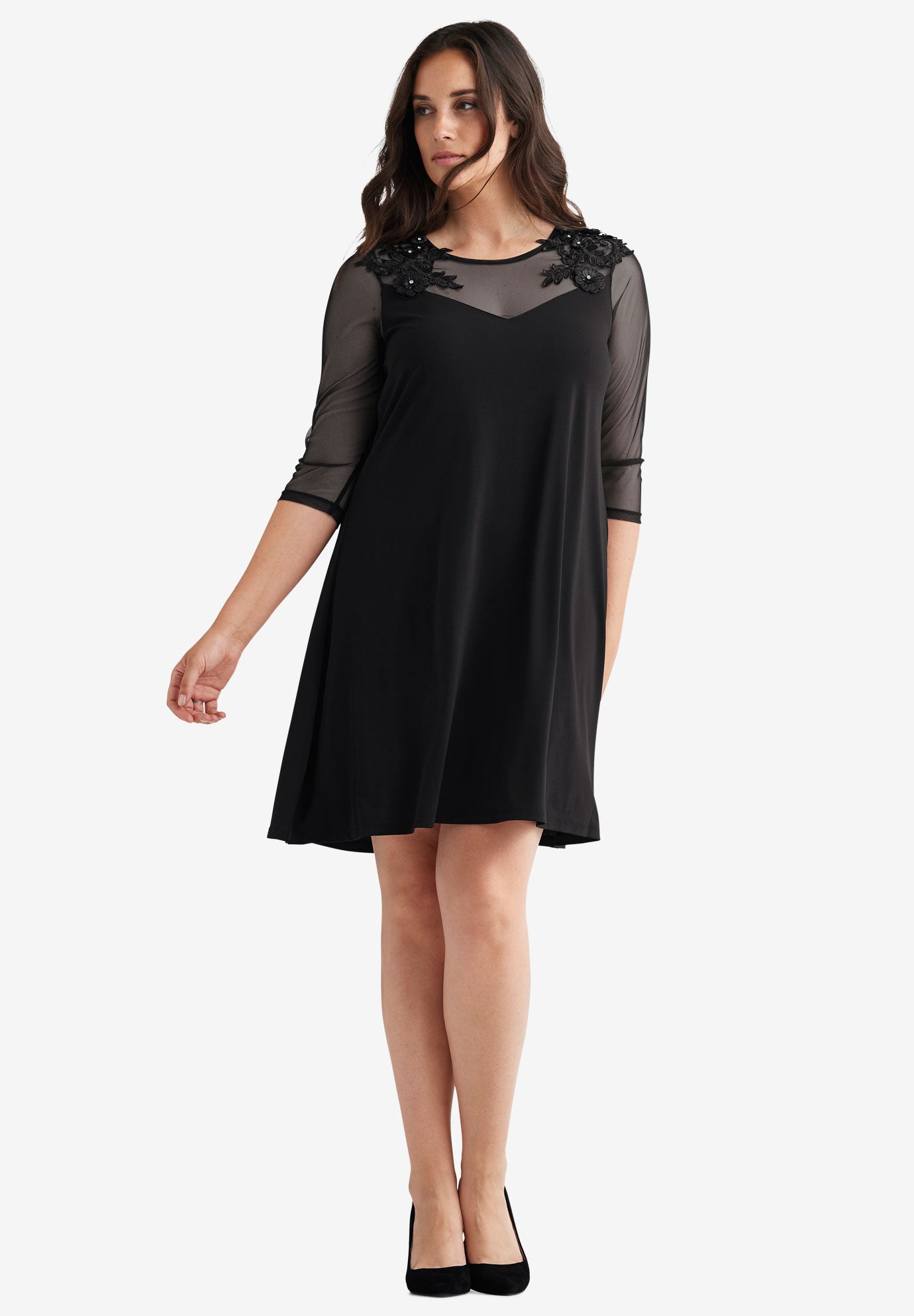 Embellished Mesh Yoke Dress by ellos® Plus Size Dresses Roaman's