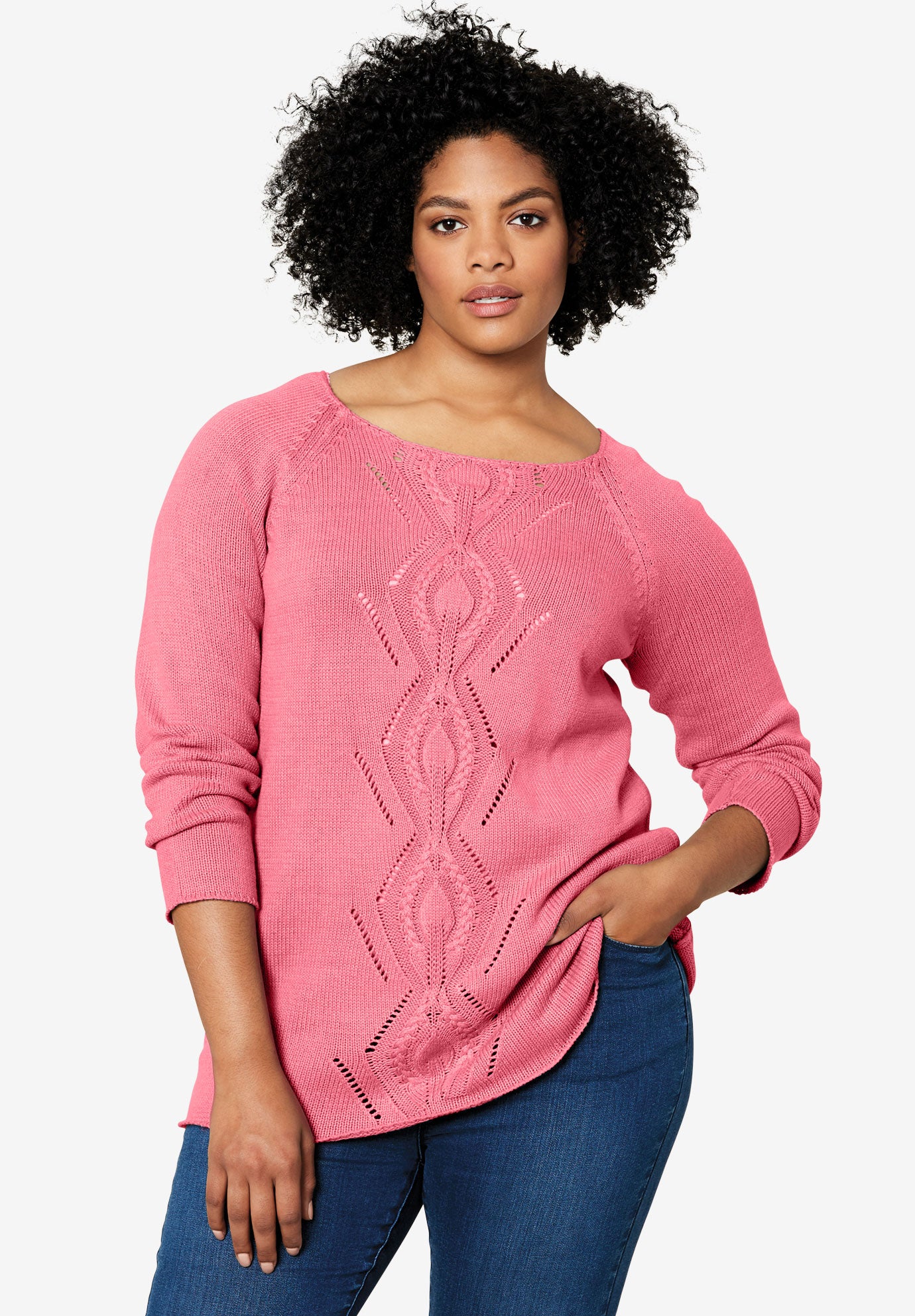 Ballet Neck Cable Front Sweater by ellosÂ®| Plus Size Sweaters | Roaman's
