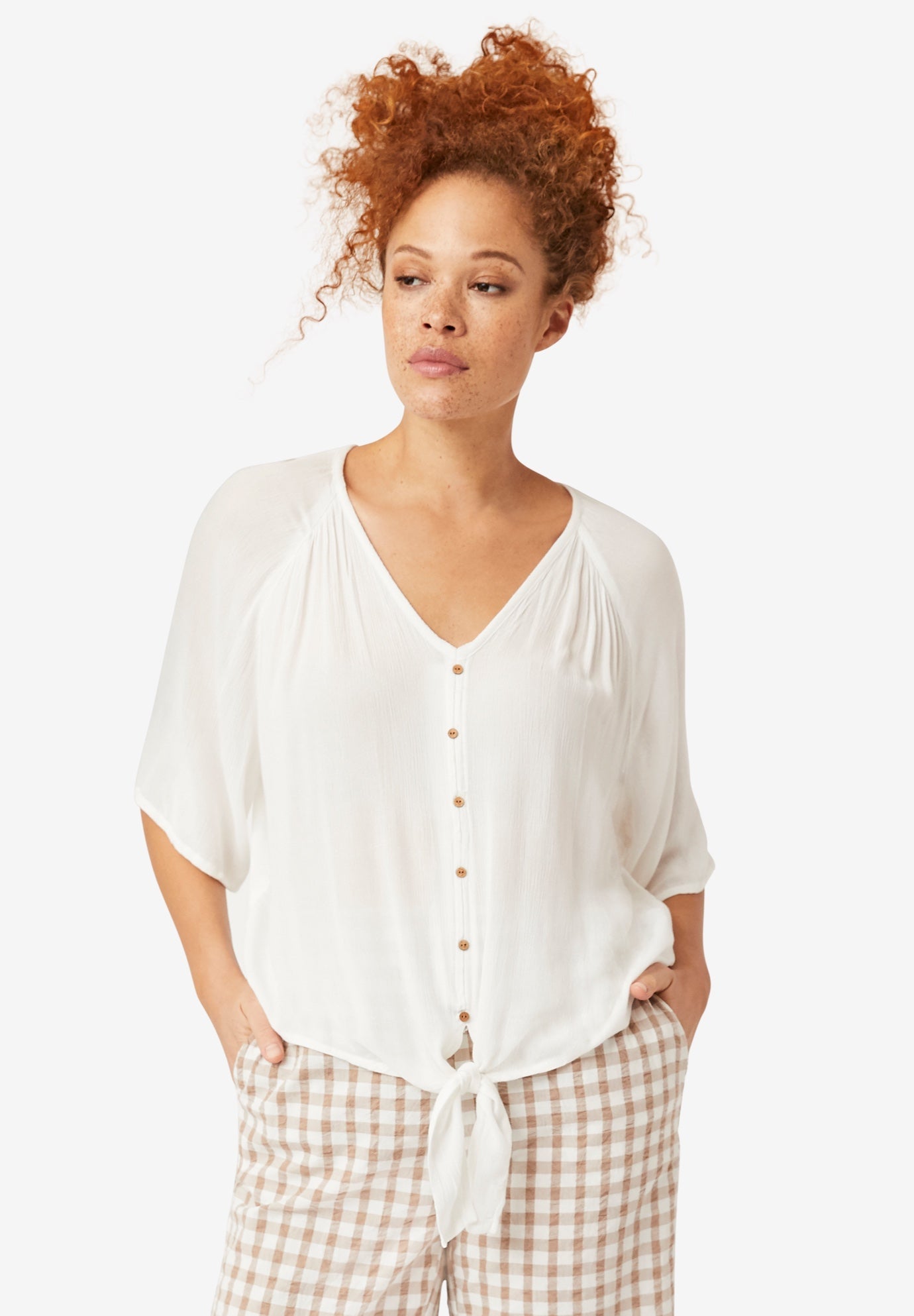 V-Neck Tie-Front Blouse by ellosÂ® | Roaman's