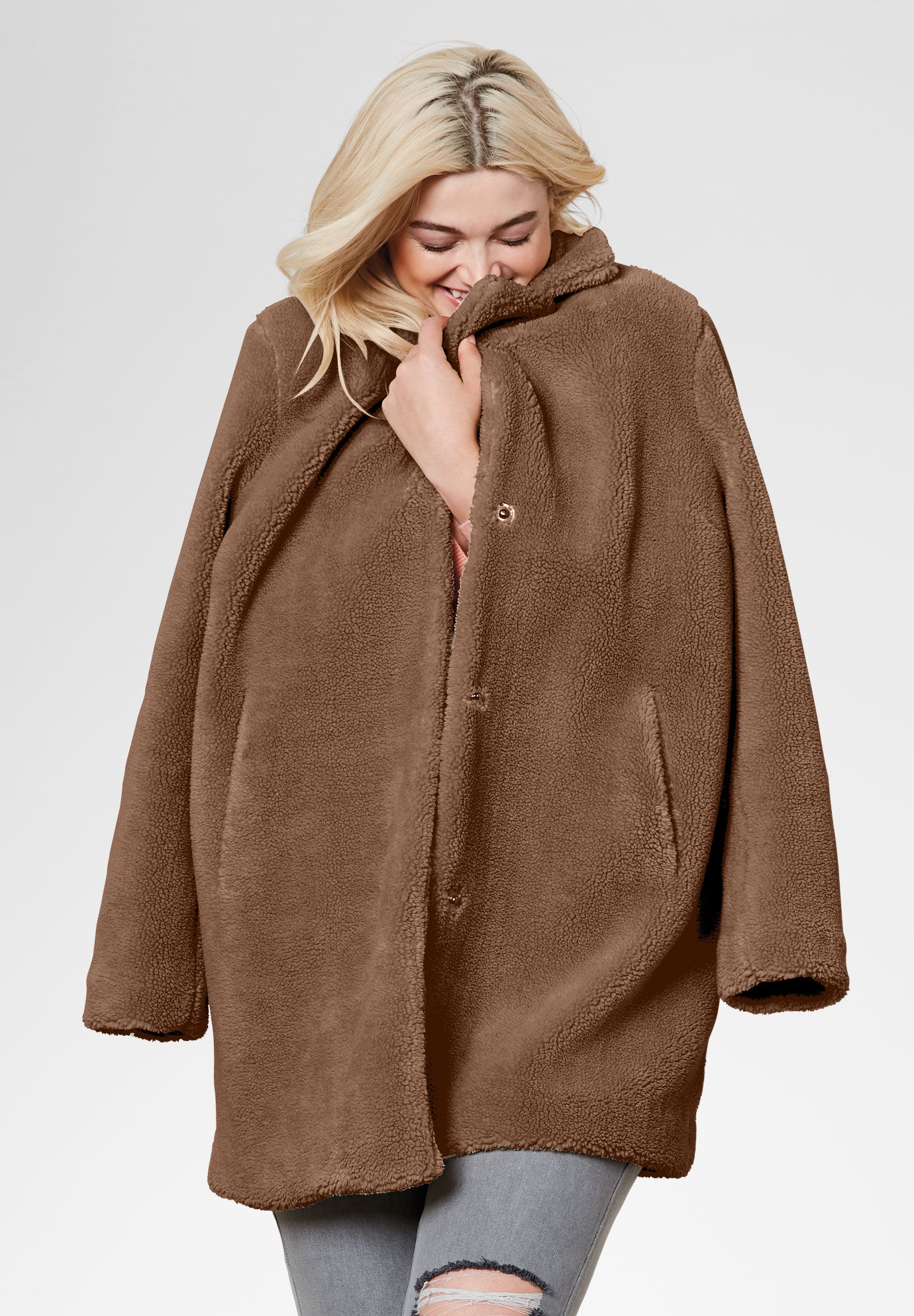 thumbnail image 2 of Hlysgo Women's Oversized Sherpa Lined Trench Coat – Long Open Front Cardigan Style Winter Coat 2 of 12