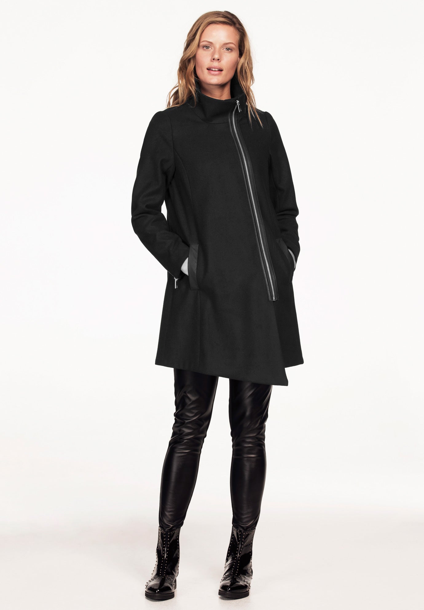 Ellos Womens Plus Size Quilted Faux Leather Sleeve Parka