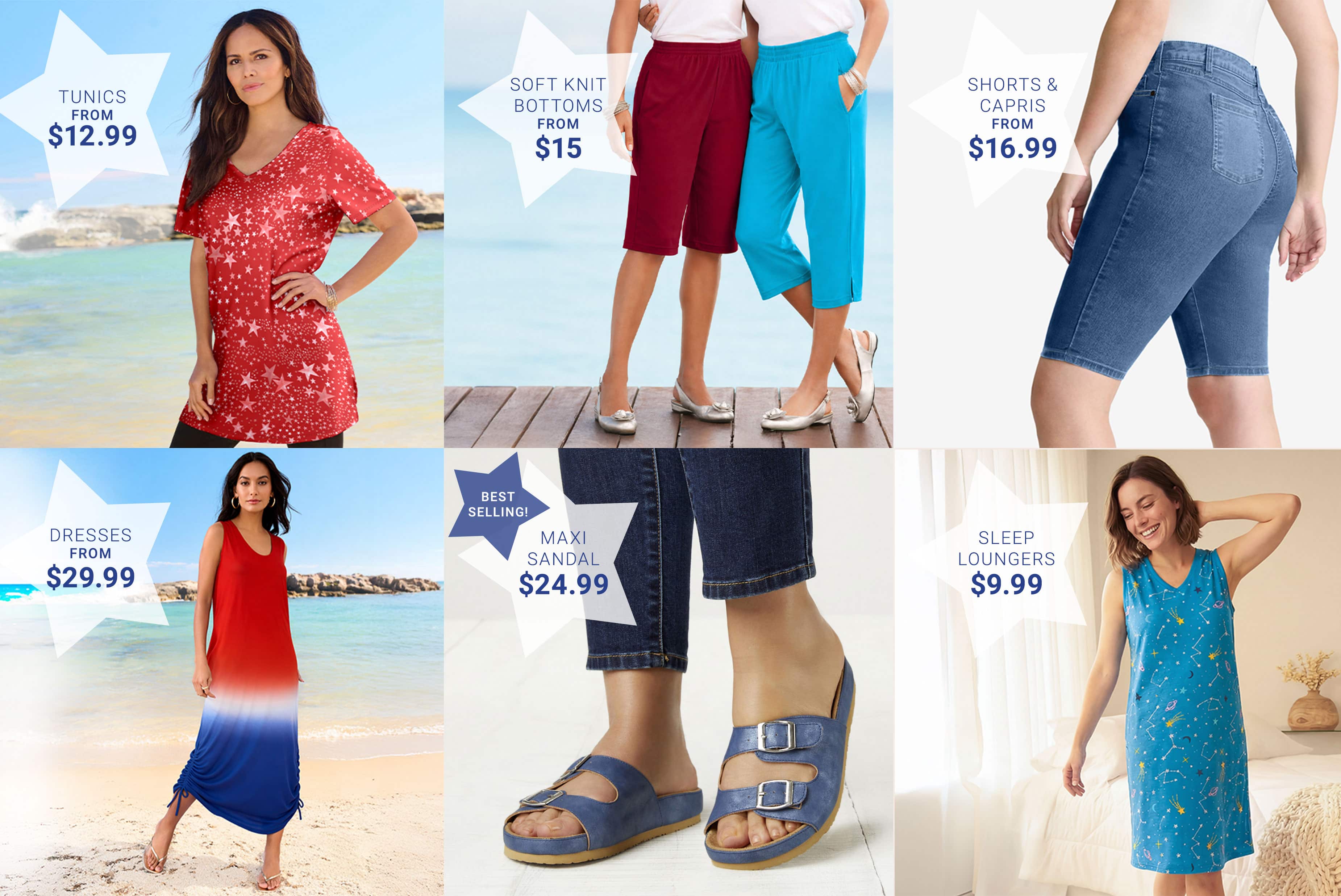 Shop Deals — Tunics, Soft Knit Bottoms, Shorts and Capris, Dresses, Sandals, Summer Loungers