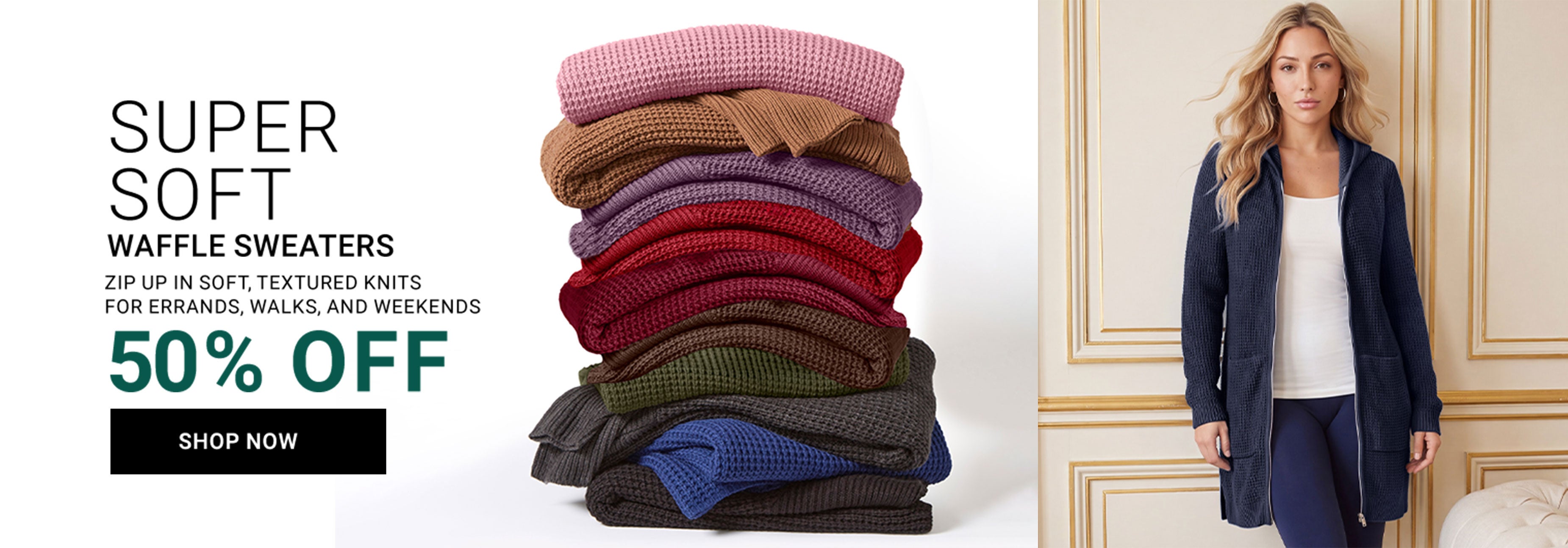 Super Soft Waffle Sweaters — Zip Up In Soft, Textured Knits For Errands, Walks, And Weekends — 50% Off — Shop Now