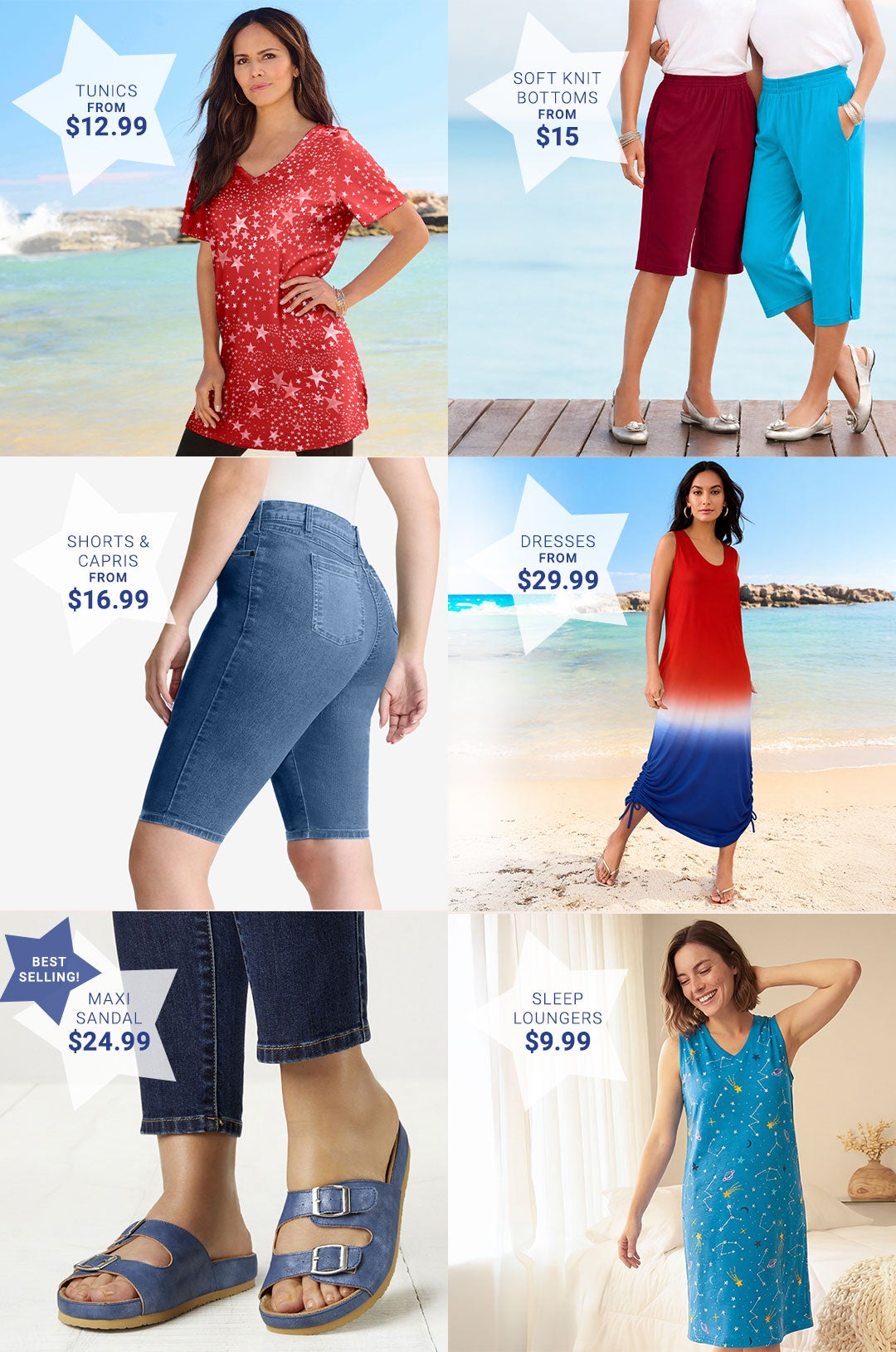 Shop Deals — Tunics, Soft Knit Bottoms, Shorts and Capris, Dresses, Sandals, Summer Loungers
