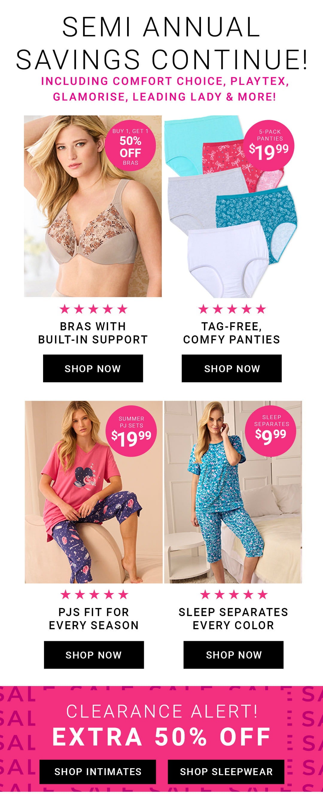 Semi Annual Savings Continue — Shop Bras, 5-Pack Panties, Summer PJs, Sleep separates, Clearance